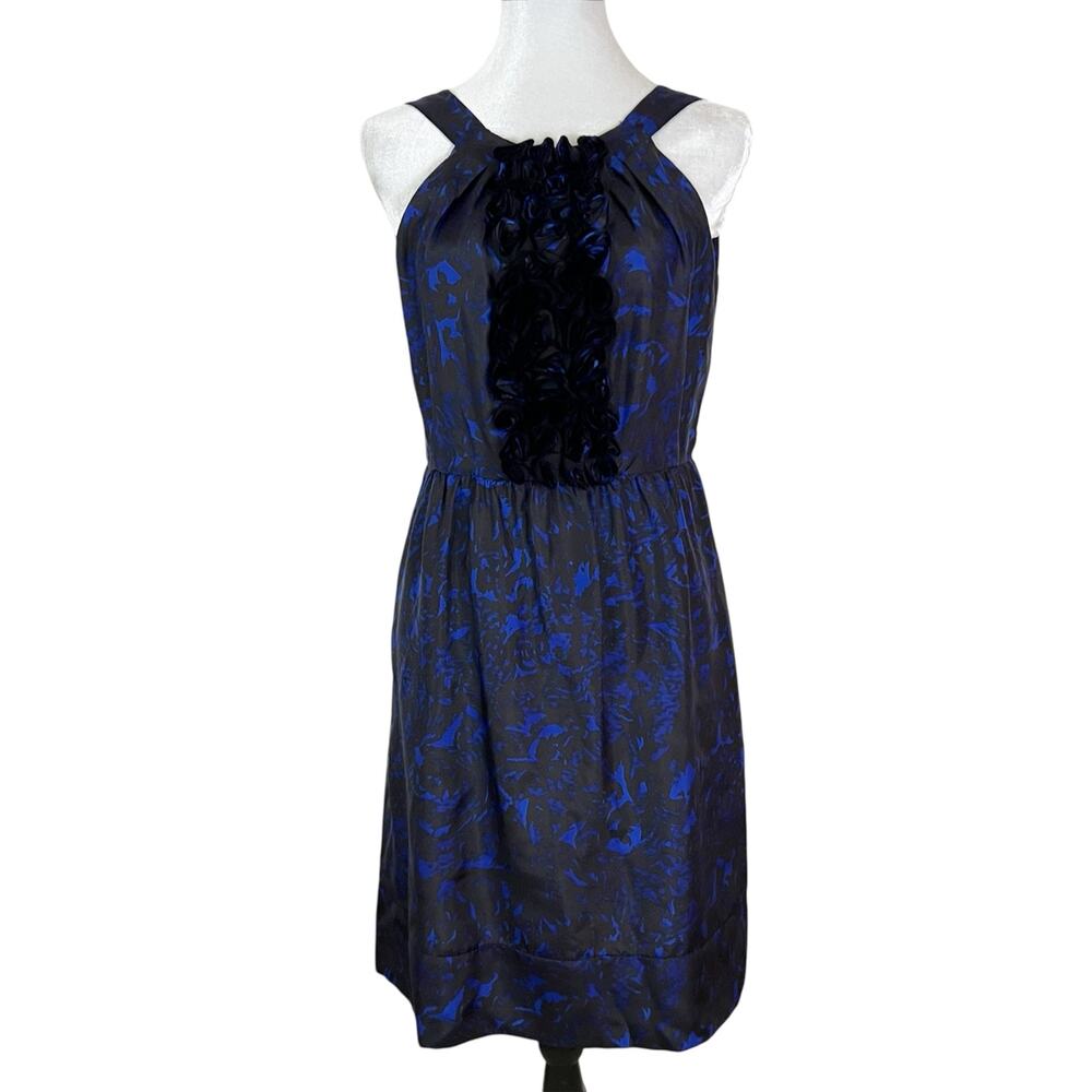 J. Crew Collection Black and Blue Floral Print Rosette Ruffle Silk Dress Size 8